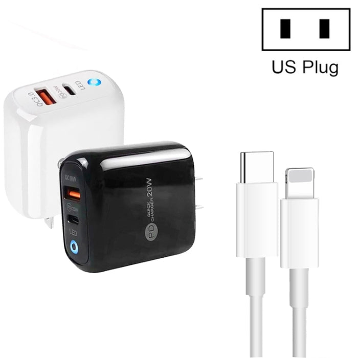 Cargador de teléfono móvil PD04 Type-C + USB con cable Type-C a 8 pines, enchufe de EE. UU., US Plug + Type-C to 8 Pin Cable