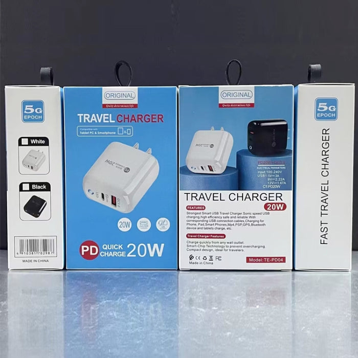 Cargador de teléfono móvil PD04 Type-C + USB con cable Type-C a 8 pines, enchufe de EE. UU., US Plug + Type-C to 8 Pin Cable