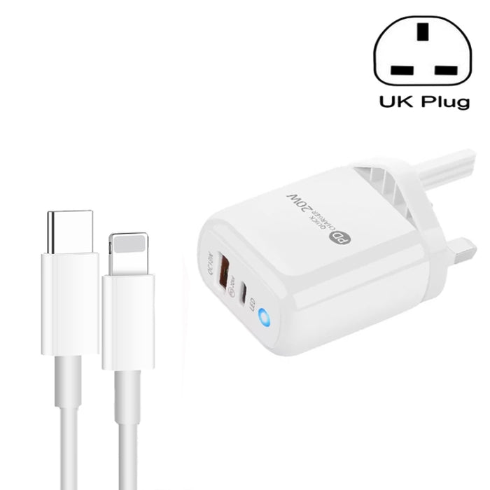Cargador de teléfono móvil PD04 Type-C + USB con cable Type-C a 8 pines, enchufe de Reino Unido, UK Plug + Type-C to 8 Pin Cable