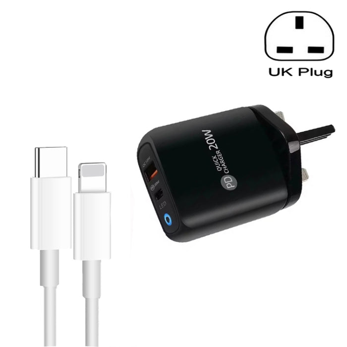 Cargador de teléfono móvil PD04 Type-C + USB con cable Type-C a 8 pines, enchufe de Reino Unido, UK Plug + Type-C to 8 Pin Cable