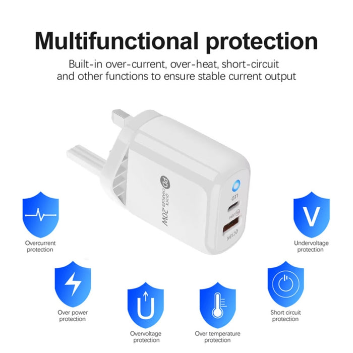 Cargador de teléfono móvil PD04 Type-C + USB con cable Type-C a 8 pines, enchufe de Reino Unido, UK Plug + Type-C to 8 Pin Cable