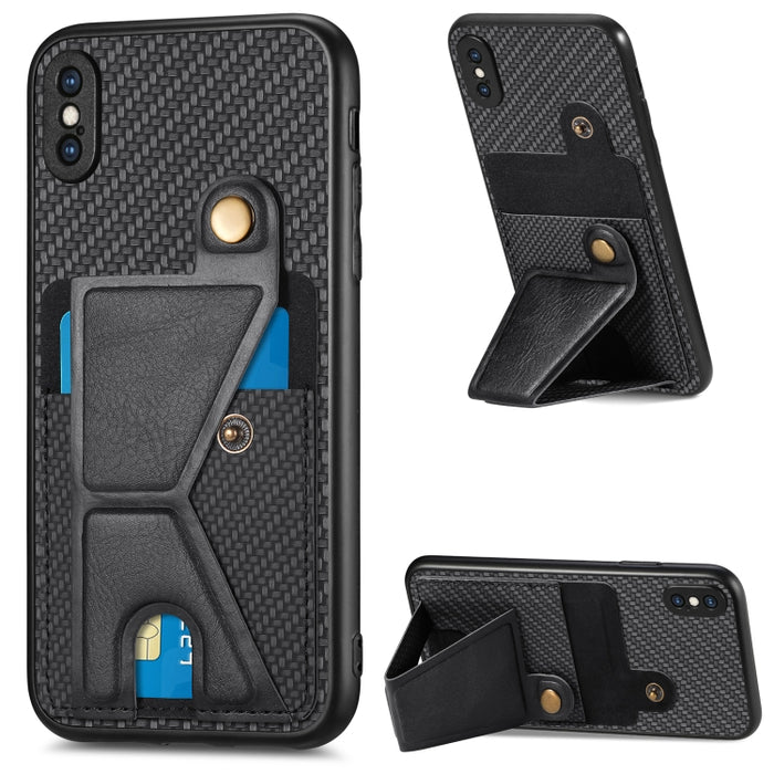 Caja del teléfono del sostenedor en forma de K de la tarjeta del tirón de la cartera de la fibra de carbono, For iPhone 6 / 6s, For iPhone 6 Plus / 6s Plus, For iPhone SE 2022 / 2020 / 7 / 8, For iPhone 7 Plus / 8 Plus, For iPhone X / XS, For iPhone XR...