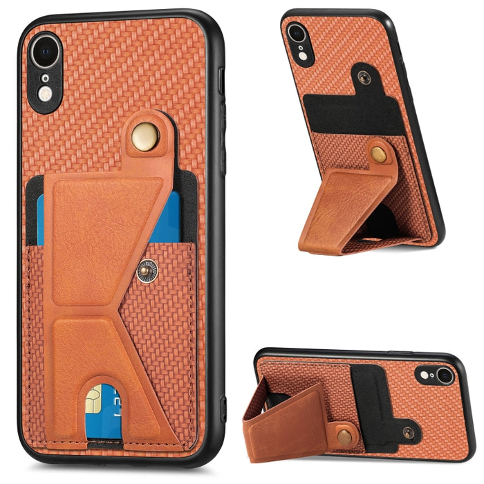 Caja del teléfono del sostenedor en forma de K de la tarjeta del tirón de la cartera de la fibra de carbono, For iPhone 6 / 6s, For iPhone 6 Plus / 6s Plus, For iPhone SE 2022 / 2020 / 7 / 8, For iPhone 7 Plus / 8 Plus, For iPhone X / XS, For iPhone XR...