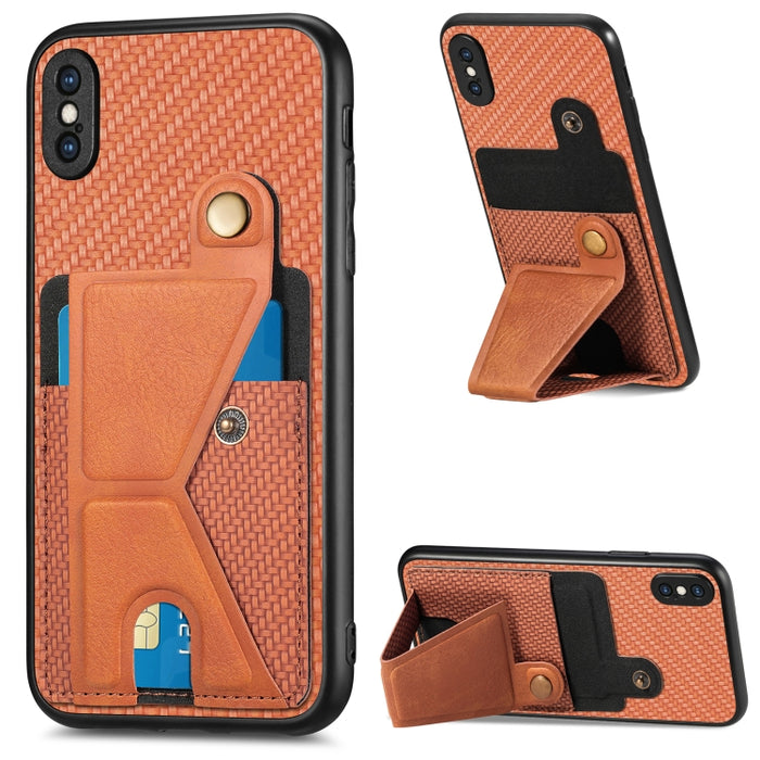Caja del teléfono del sostenedor en forma de K de la tarjeta del tirón de la cartera de la fibra de carbono, For iPhone 6 / 6s, For iPhone 6 Plus / 6s Plus, For iPhone SE 2022 / 2020 / 7 / 8, For iPhone 7 Plus / 8 Plus, For iPhone X / XS, For iPhone XR...