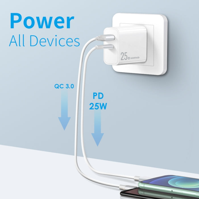 NORTHJO NOPD2502 PD 25W USB-C/Type-C + QC 3.0 Cargador rápido de dos puertos USB, US Plug, EU Plug, UK Plug, AU Plug