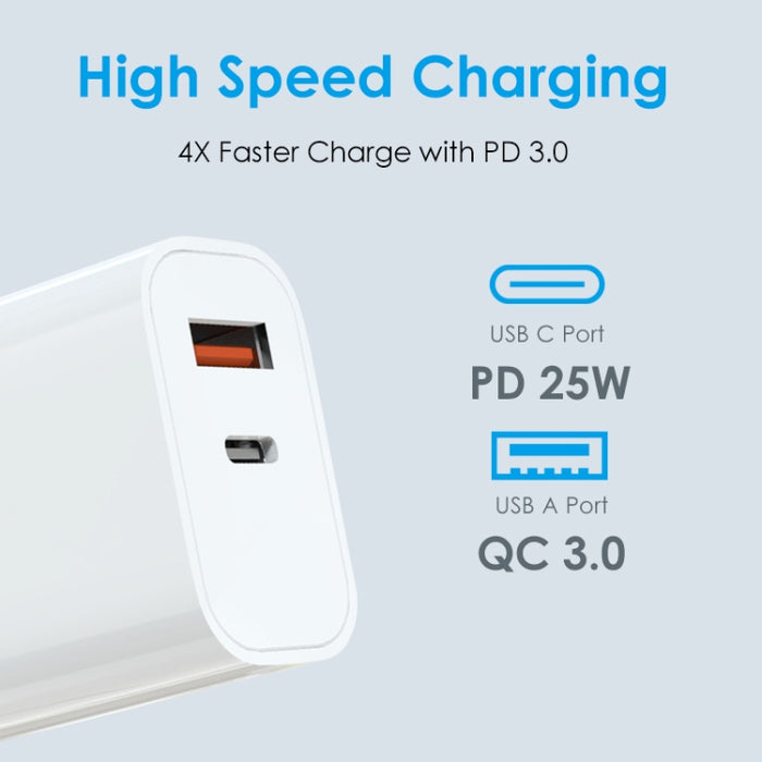 NORTHJO NOPD2502 PD 25W USB-C/Type-C + QC 3.0 Cargador rápido de dos puertos USB, US Plug, EU Plug, UK Plug, AU Plug