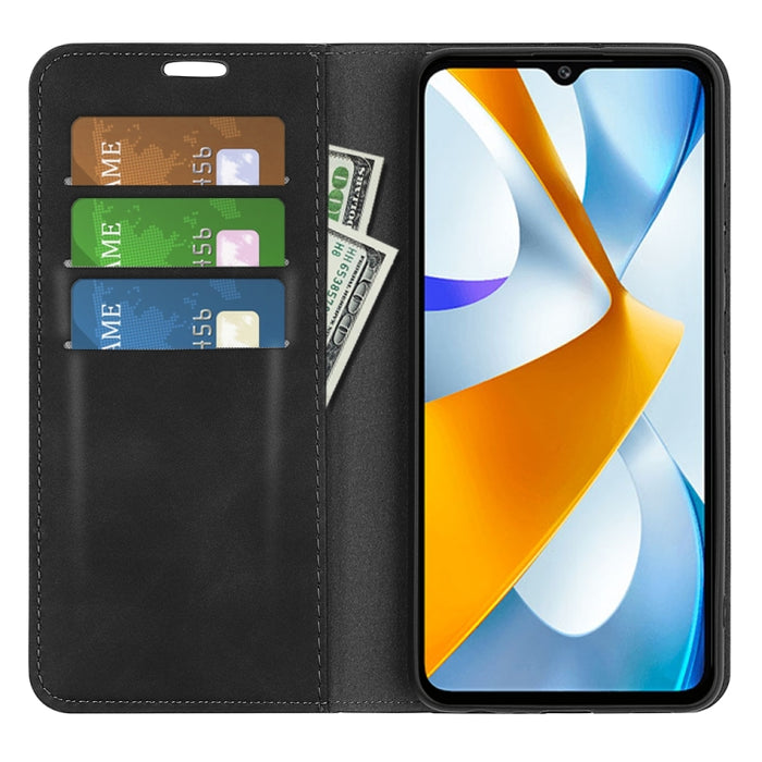 Para Xiaomi Poco C40 Funda de cuero con succión magnética de piel retro, For Xiaomi Poco C40