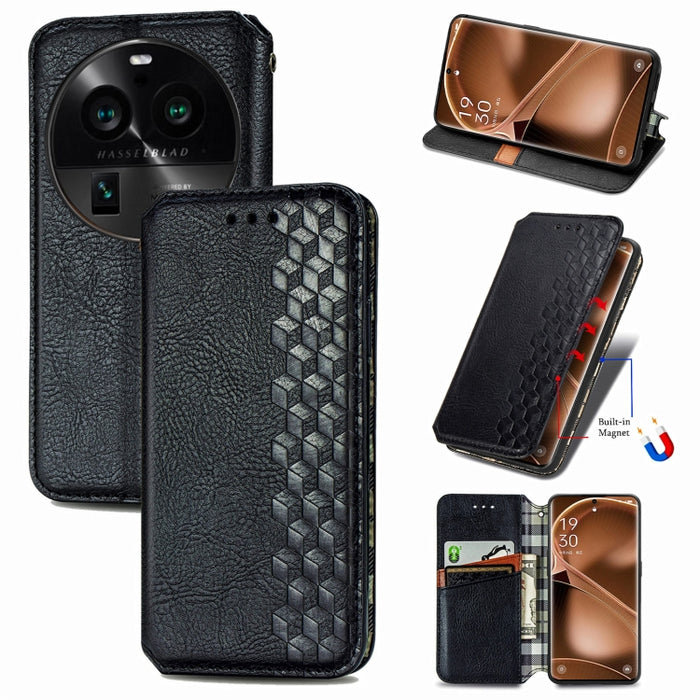 Estuche para teléfono de cuero magnético prensado con cuadrícula cúbica, For OnePlus Nord CE 3 Lite, For OPPO Find X6 Pro, For OPPO Find X6, For Redmi Note 12 Turbo, For Nokia C32