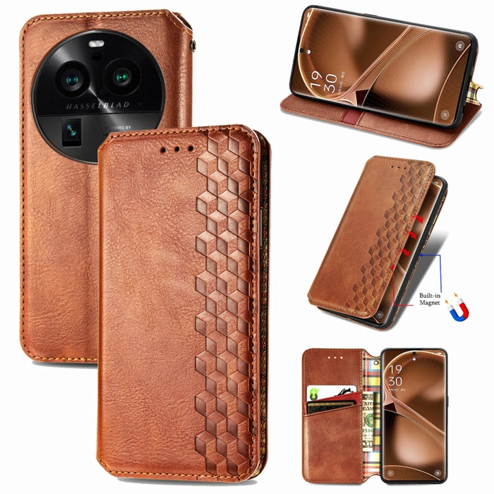 Estuche para teléfono de cuero magnético prensado con cuadrícula cúbica, For OnePlus Nord CE 3 Lite, For OPPO Find X6 Pro, For OPPO Find X6, For Redmi Note 12 Turbo, For Nokia C32