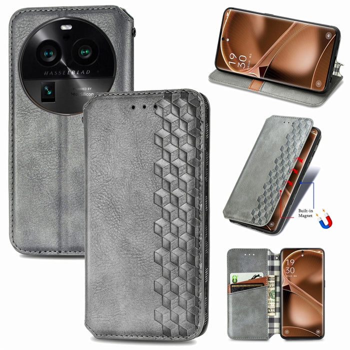 Estuche para teléfono de cuero magnético prensado con cuadrícula cúbica, For OnePlus Nord CE 3 Lite, For OPPO Find X6 Pro, For OPPO Find X6, For Redmi Note 12 Turbo, For Nokia C32