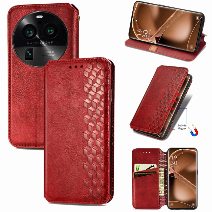 Estuche para teléfono de cuero magnético prensado con cuadrícula cúbica, For OnePlus Nord CE 3 Lite, For OPPO Find X6 Pro, For OPPO Find X6, For Redmi Note 12 Turbo, For Nokia C32