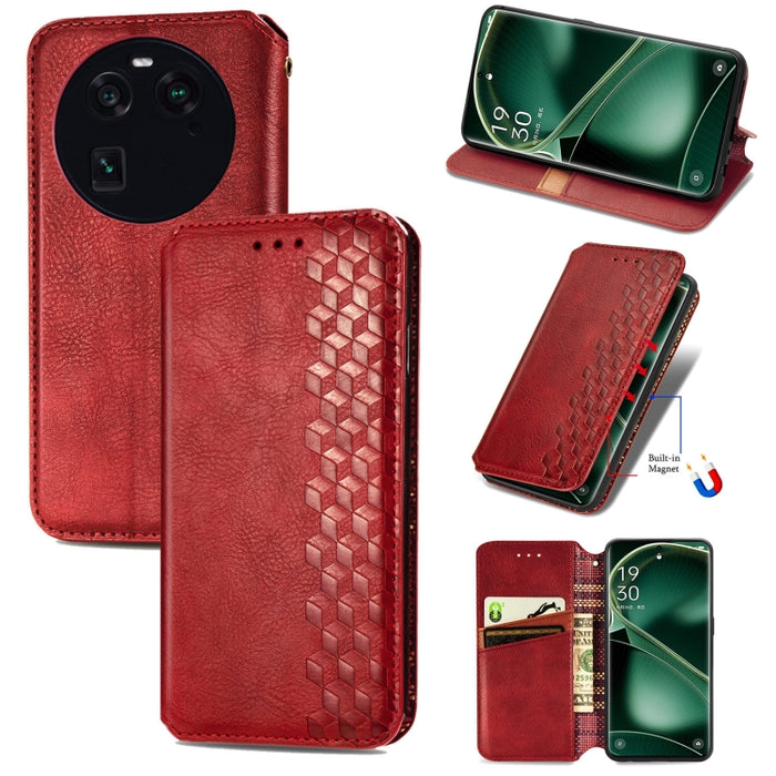 Estuche para teléfono de cuero magnético prensado con cuadrícula cúbica, For OnePlus Nord CE 3 Lite, For OPPO Find X6 Pro, For OPPO Find X6, For Redmi Note 12 Turbo, For Nokia C32