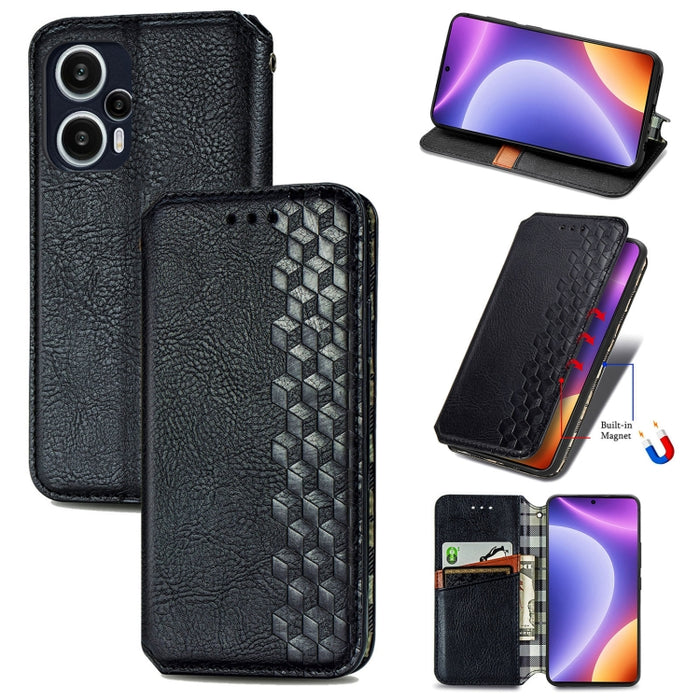 Estuche para teléfono de cuero magnético prensado con cuadrícula cúbica, For OnePlus Nord CE 3 Lite, For OPPO Find X6 Pro, For OPPO Find X6, For Redmi Note 12 Turbo, For Nokia C32