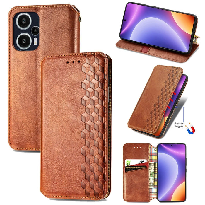 Estuche para teléfono de cuero magnético prensado con cuadrícula cúbica, For OnePlus Nord CE 3 Lite, For OPPO Find X6 Pro, For OPPO Find X6, For Redmi Note 12 Turbo, For Nokia C32