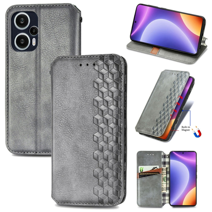 Estuche para teléfono de cuero magnético prensado con cuadrícula cúbica, For OnePlus Nord CE 3 Lite, For OPPO Find X6 Pro, For OPPO Find X6, For Redmi Note 12 Turbo, For Nokia C32