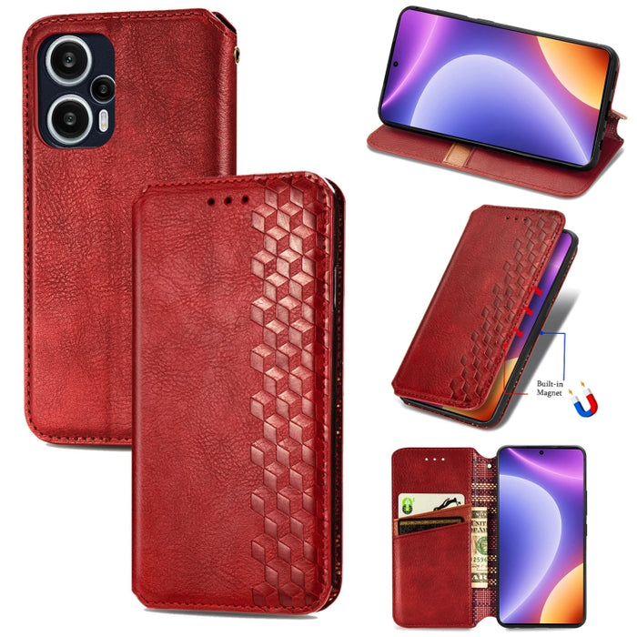 Estuche para teléfono de cuero magnético prensado con cuadrícula cúbica, For OnePlus Nord CE 3 Lite, For OPPO Find X6 Pro, For OPPO Find X6, For Redmi Note 12 Turbo, For Nokia C32