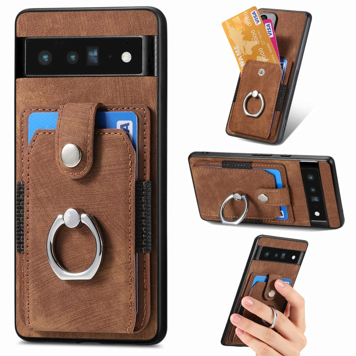 Estuche para teléfono con billetera de tarjeta de anillo con sensación de piel retro, For Google Pixel 6 Pro, For Google Pixel 6, For Google Pixel 7 Pro, For Google Pixel 7, For Xiaomi Poco X5 Pro, For Xiaomi Redmi 9A