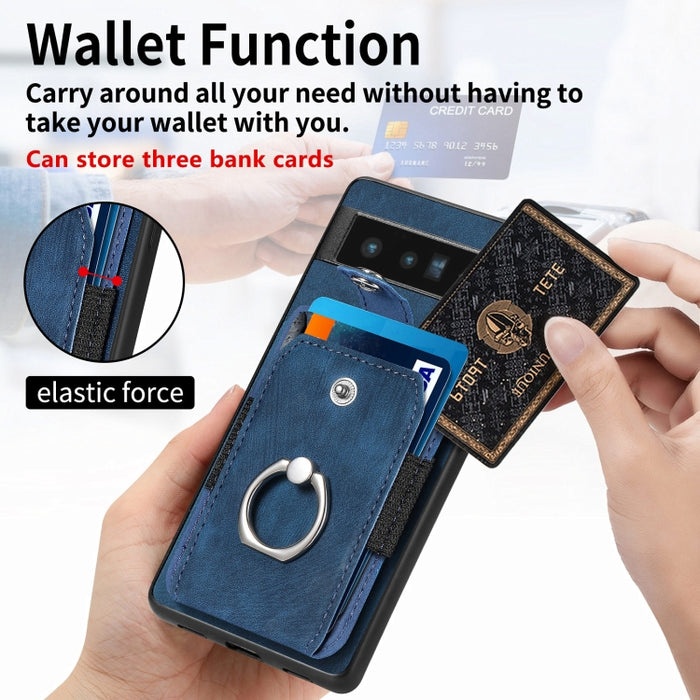 Estuche para teléfono con billetera de tarjeta de anillo con sensación de piel retro, For Google Pixel 6 Pro, For Google Pixel 6, For Google Pixel 7 Pro, For Google Pixel 7, For Xiaomi Poco X5 Pro, For Xiaomi Redmi 9A