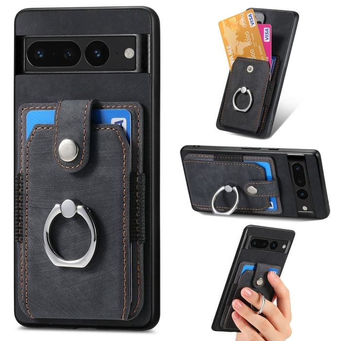 Estuche para teléfono con billetera de tarjeta de anillo con sensación de piel retro, For Google Pixel 6 Pro, For Google Pixel 6, For Google Pixel 7 Pro, For Google Pixel 7, For Xiaomi Poco X5 Pro, For Xiaomi Redmi 9A