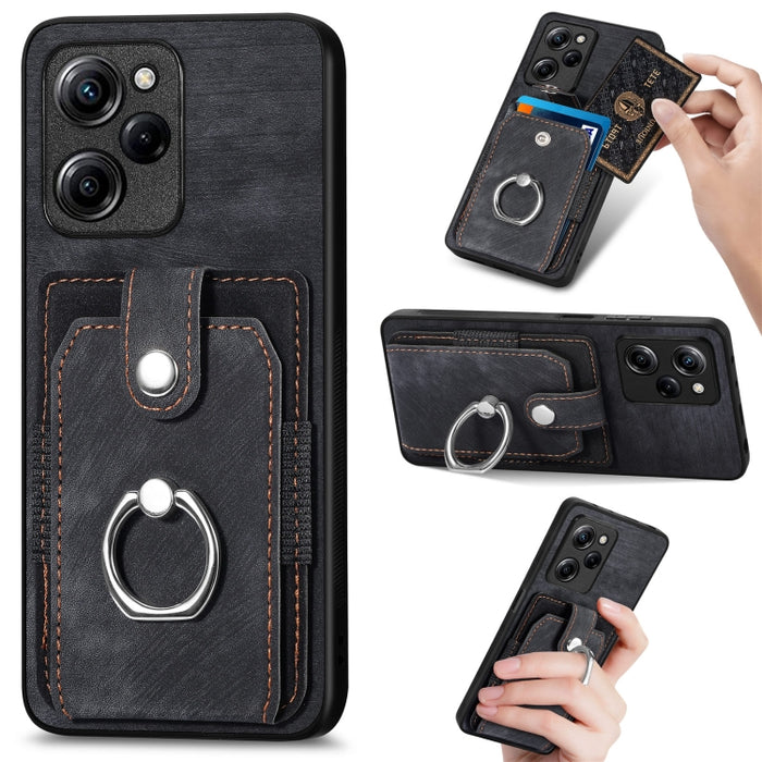 Estuche para teléfono con billetera de tarjeta de anillo con sensación de piel retro, For Google Pixel 6 Pro, For Google Pixel 6, For Google Pixel 7 Pro, For Google Pixel 7, For Xiaomi Poco X5 Pro, For Xiaomi Redmi 9A