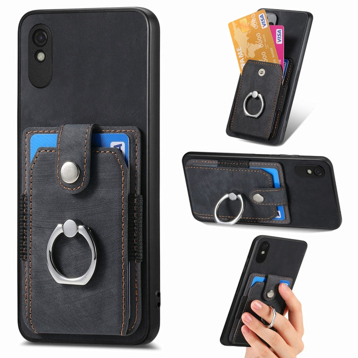 Estuche para teléfono con billetera de tarjeta de anillo con sensación de piel retro, For Google Pixel 6 Pro, For Google Pixel 6, For Google Pixel 7 Pro, For Google Pixel 7, For Xiaomi Poco X5 Pro, For Xiaomi Redmi 9A