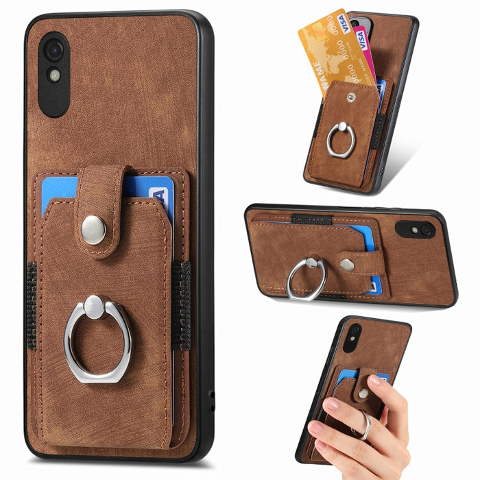 Estuche para teléfono con billetera de tarjeta de anillo con sensación de piel retro, For Google Pixel 6 Pro, For Google Pixel 6, For Google Pixel 7 Pro, For Google Pixel 7, For Xiaomi Poco X5 Pro, For Xiaomi Redmi 9A