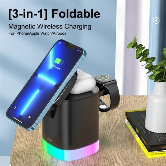 T15 3 en 1 Cargador inalámbrico magnético Magsafe Soporte de carga plegable para iPhone / iWatch / AirPods