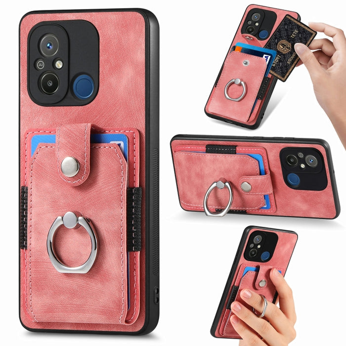 Estuche para teléfono con billetera de tarjeta de anillo con sensación de piel retro, For Redmi 12C, For Redmi Note 12 4G, For Redmi Note 12 Pro+
