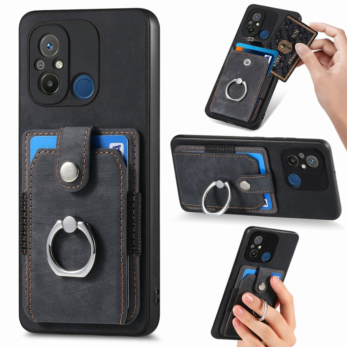 Estuche para teléfono con billetera de tarjeta de anillo con sensación de piel retro, For Redmi 12C, For Redmi Note 12 4G, For Redmi Note 12 Pro+