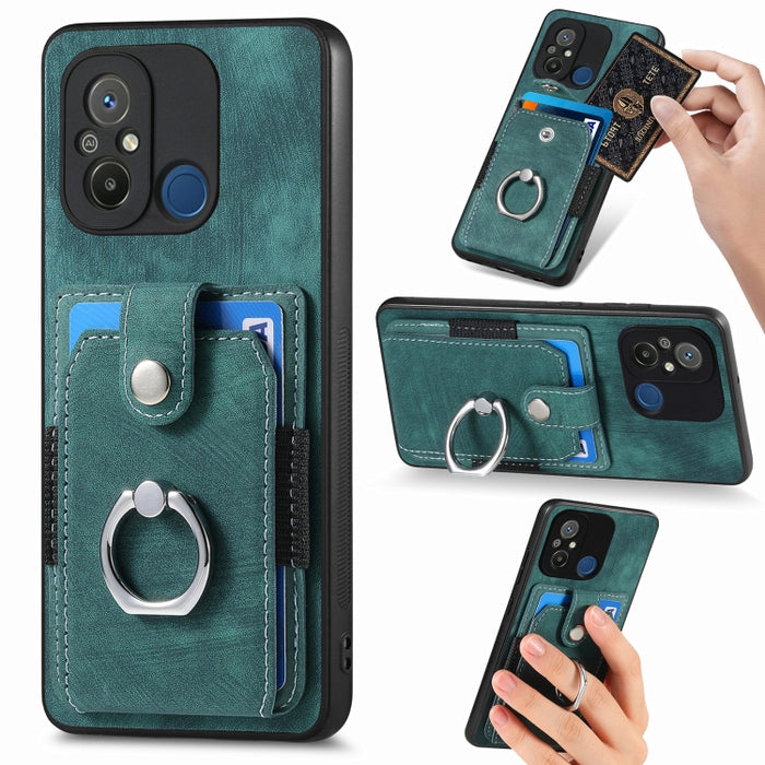 Estuche para teléfono con billetera de tarjeta de anillo con sensación de piel retro, For Redmi 12C, For Redmi Note 12 4G, For Redmi Note 12 Pro+