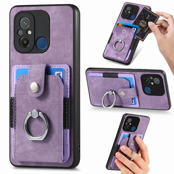 Estuche para teléfono con billetera de tarjeta de anillo con sensación de piel retro, For Redmi 12C, For Redmi Note 12 4G, For Redmi Note 12 Pro+