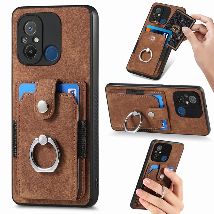 Estuche para teléfono con billetera de tarjeta de anillo con sensación de piel retro, For Redmi 12C, For Redmi Note 12 4G, For Redmi Note 12 Pro+