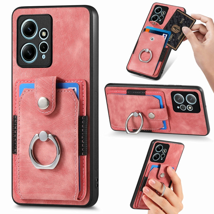 Estuche para teléfono con billetera de tarjeta de anillo con sensación de piel retro, For Redmi 12C, For Redmi Note 12 4G, For Redmi Note 12 Pro+