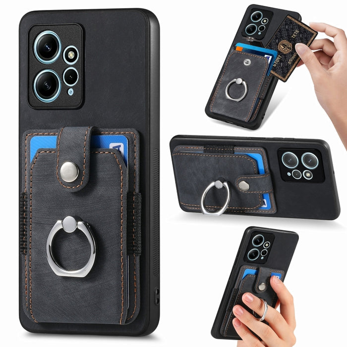 Estuche para teléfono con billetera de tarjeta de anillo con sensación de piel retro, For Redmi 12C, For Redmi Note 12 4G, For Redmi Note 12 Pro+