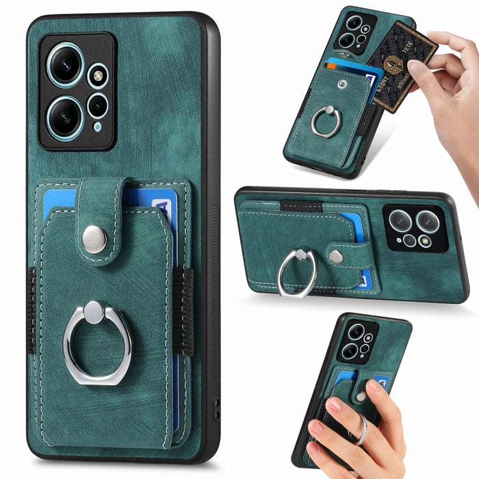 Estuche para teléfono con billetera de tarjeta de anillo con sensación de piel retro, For Redmi 12C, For Redmi Note 12 4G, For Redmi Note 12 Pro+