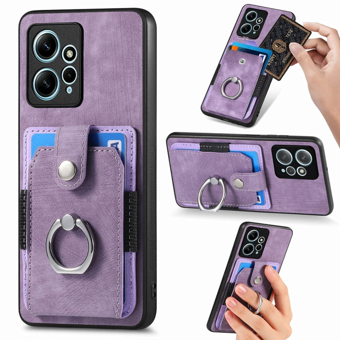 Estuche para teléfono con billetera de tarjeta de anillo con sensación de piel retro, For Redmi 12C, For Redmi Note 12 4G, For Redmi Note 12 Pro+