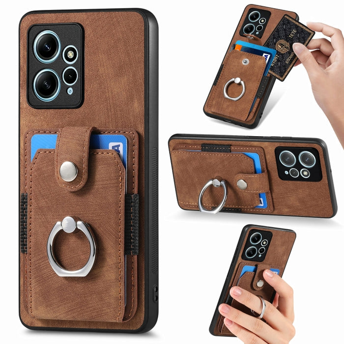 Estuche para teléfono con billetera de tarjeta de anillo con sensación de piel retro, For Redmi 12C, For Redmi Note 12 4G, For Redmi Note 12 Pro+