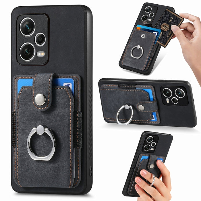 Estuche para teléfono con billetera de tarjeta de anillo con sensación de piel retro, For Redmi 12C, For Redmi Note 12 4G, For Redmi Note 12 Pro+