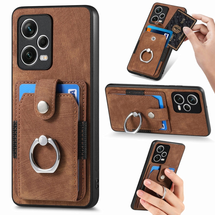 Estuche para teléfono con billetera de tarjeta de anillo con sensación de piel retro, For Redmi 12C, For Redmi Note 12 4G, For Redmi Note 12 Pro+