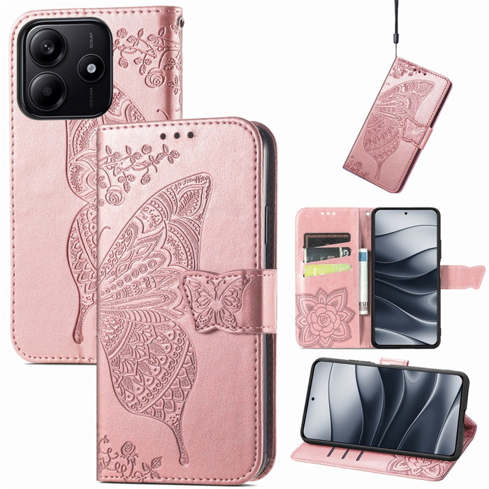 Funda para teléfono de cuero con relieve de flor de amor y mariposa, For Xiaomi Redmi Note 14 5G, For Xiaomi Redmi Note 14 Pro+ 5G, For Xiaomi Redmi Note 14 Pro 5G, For Xiaomi Redmi 13 4G, For Xiaomi Redmi Turbo 3 5G, For Xiaomi Redmi Note 12R         ...