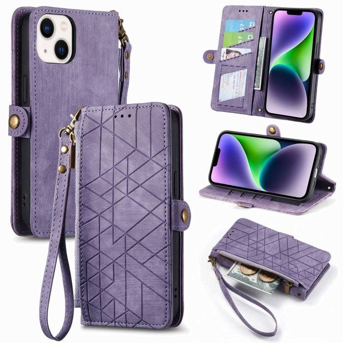 Estuche de teléfono de cuero con hebilla lateral de billetera con cremallera geométrica, For iPhone 17e / 16e, For iPhone 17 Pro Max, For iPhone 17 Pro, For iPhone 17, For iPhone Air, For iPhone 16 Pro Max, For iPhone 16 Pro, For iPhone 16 Plus        ...