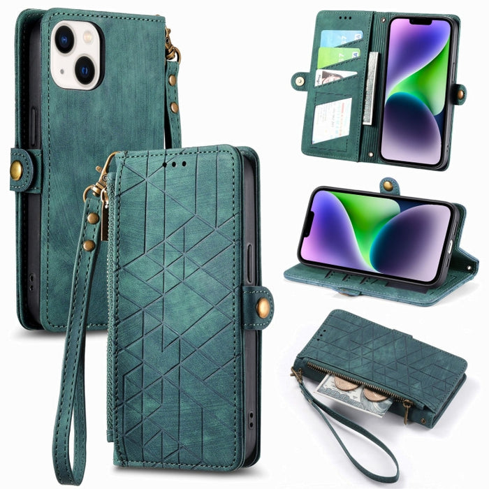 Estuche de teléfono de cuero con hebilla lateral de billetera con cremallera geométrica, For iPhone 17e / 16e, For iPhone 17 Pro Max, For iPhone 17 Pro, For iPhone 17, For iPhone Air, For iPhone 16 Pro Max, For iPhone 16 Pro, For iPhone 16 Plus        ...