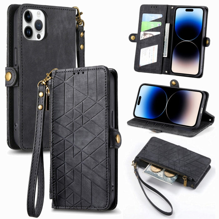 Estuche de teléfono de cuero con hebilla lateral de billetera con cremallera geométrica, For iPhone 17e / 16e, For iPhone 17 Pro Max, For iPhone 17 Pro, For iPhone 17, For iPhone Air, For iPhone 16 Pro Max, For iPhone 16 Pro, For iPhone 16 Plus        ...
