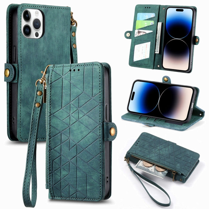 Estuche de teléfono de cuero con hebilla lateral de billetera con cremallera geométrica, For iPhone 17e / 16e, For iPhone 17 Pro Max, For iPhone 17 Pro, For iPhone 17, For iPhone Air, For iPhone 16 Pro Max, For iPhone 16 Pro, For iPhone 16 Plus        ...