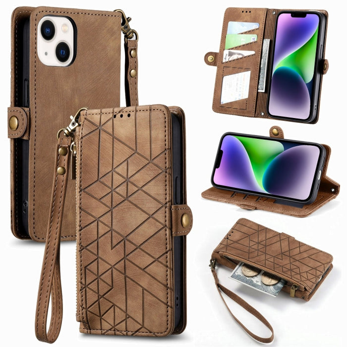Estuche de teléfono de cuero con hebilla lateral de billetera con cremallera geométrica, For iPhone 17e / 16e, For iPhone 17 Pro Max, For iPhone 17 Pro, For iPhone 17, For iPhone Air, For iPhone 16 Pro Max, For iPhone 16 Pro, For iPhone 16 Plus        ...