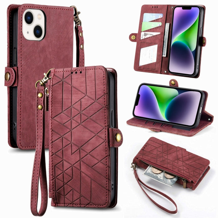 Estuche de teléfono de cuero con hebilla lateral de billetera con cremallera geométrica, For iPhone 17e / 16e, For iPhone 17 Pro Max, For iPhone 17 Pro, For iPhone 17, For iPhone Air, For iPhone 16 Pro Max, For iPhone 16 Pro, For iPhone 16 Plus        ...