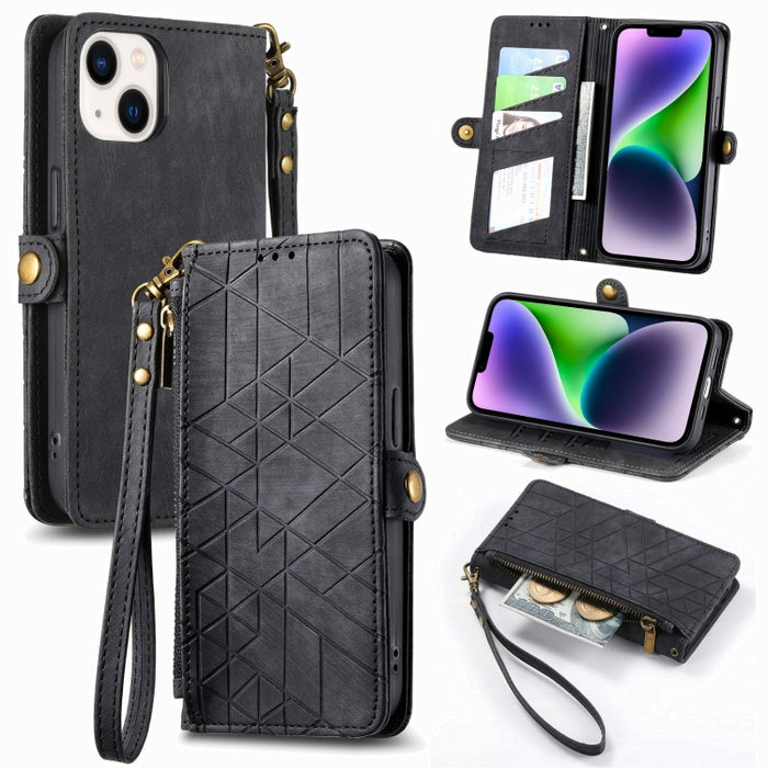 Estuche de teléfono de cuero con hebilla lateral de billetera con cremallera geométrica, For iPhone 17e / 16e, For iPhone 17 Pro Max, For iPhone 17 Pro, For iPhone 17, For iPhone Air, For iPhone 16 Pro Max, For iPhone 16 Pro, For iPhone 16 Plus        ...
