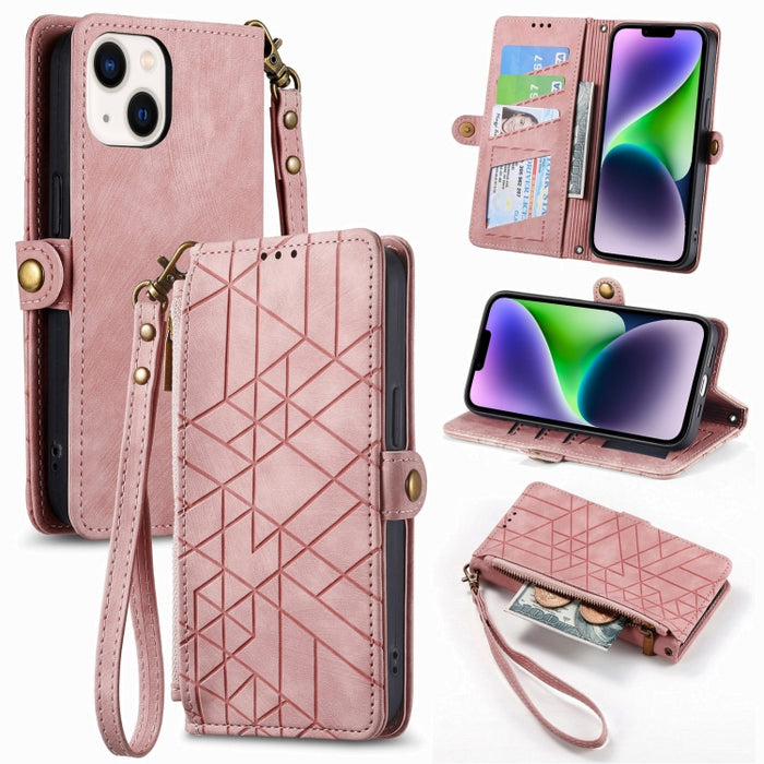 Estuche de teléfono de cuero con hebilla lateral de billetera con cremallera geométrica, For iPhone 17e / 16e, For iPhone 17 Pro Max, For iPhone 17 Pro, For iPhone 17, For iPhone Air, For iPhone 16 Pro Max, For iPhone 16 Pro, For iPhone 16 Plus        ...