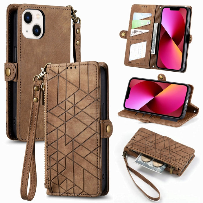 Estuche de teléfono de cuero con hebilla lateral de billetera con cremallera geométrica, For iPhone 14 Pro Max, For iPhone 7 / 8 / SE 2022, For iPhone 13 Pro Max, For iPhone 13 Pro, For iPhone 13, For iPhone 12 / 12 Pro, For iPhone 12 Pro Max          ...