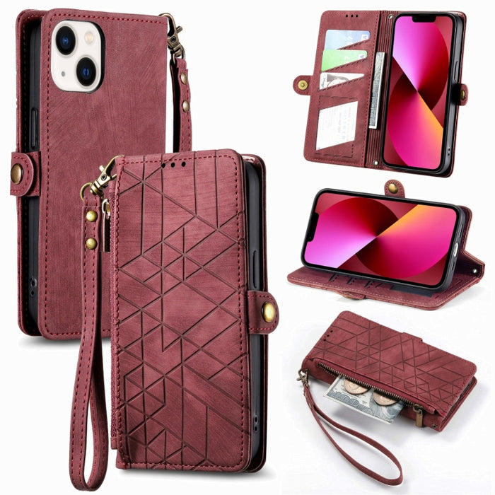 Estuche de teléfono de cuero con hebilla lateral de billetera con cremallera geométrica, For iPhone 14 Pro Max, For iPhone 7 / 8 / SE 2022, For iPhone 13 Pro Max, For iPhone 13 Pro, For iPhone 13, For iPhone 12 / 12 Pro, For iPhone 12 Pro Max          ...